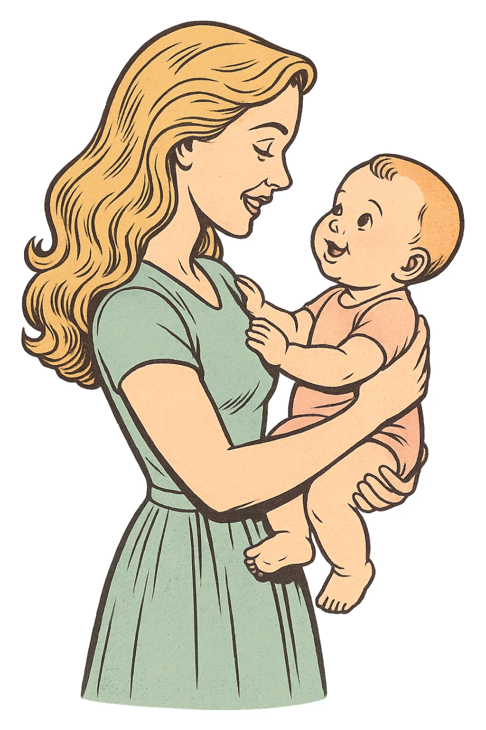 Make the mother more attractive with long wavy light hair, dressed in elegant clothing or a dress, side view, holding a baby in her arms, they look at each other. Style: old school comic book with thin clean contours, soft rounded shapes, pastel palette, detailed shadows and highlights, soft lighting, transparent background. sticker