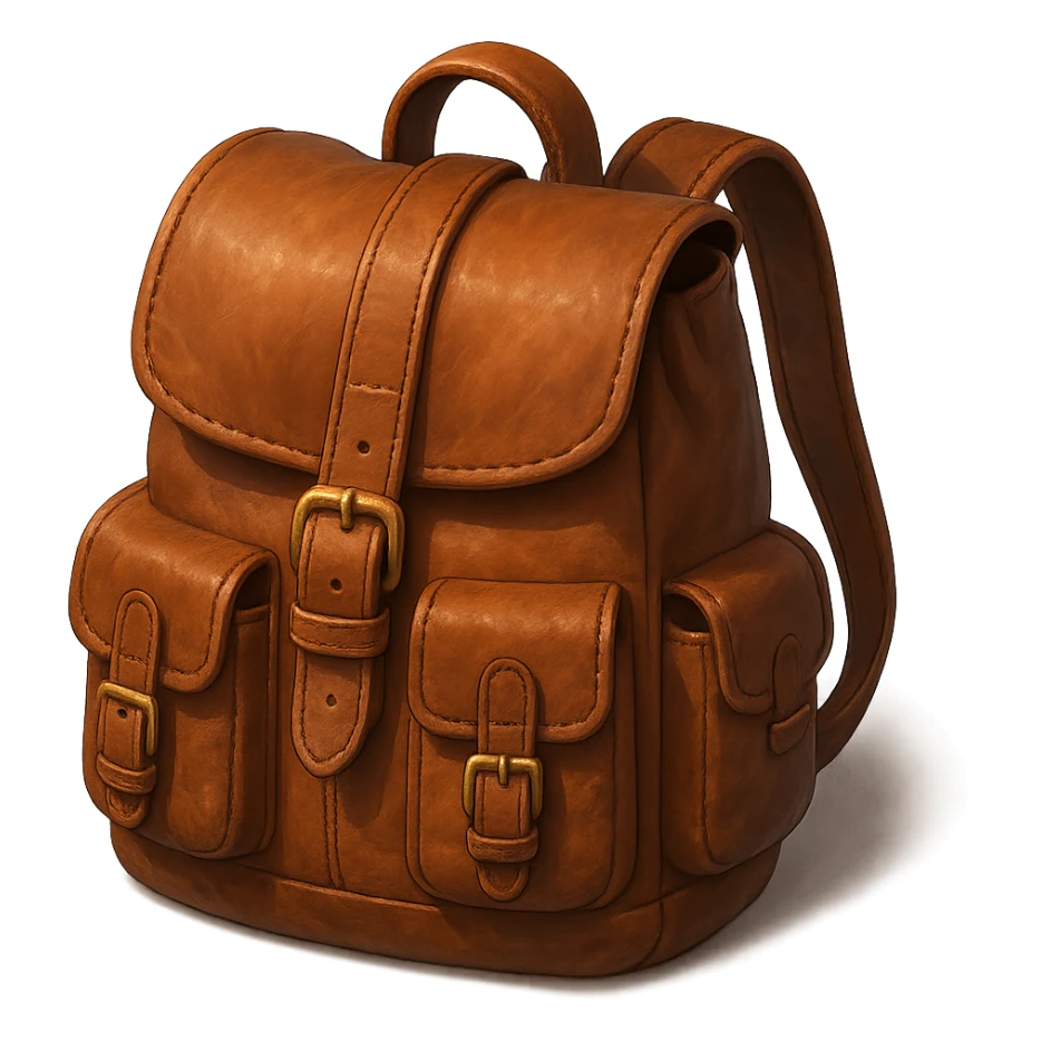 Draw a Pixar-style leather backpack. The backpack should be visible from the front and top. sticker