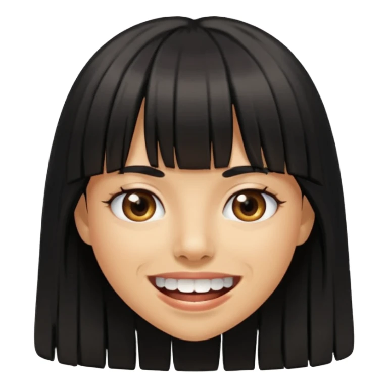Woman a little tan with long black hairs and bangs, appearing teeth sticker