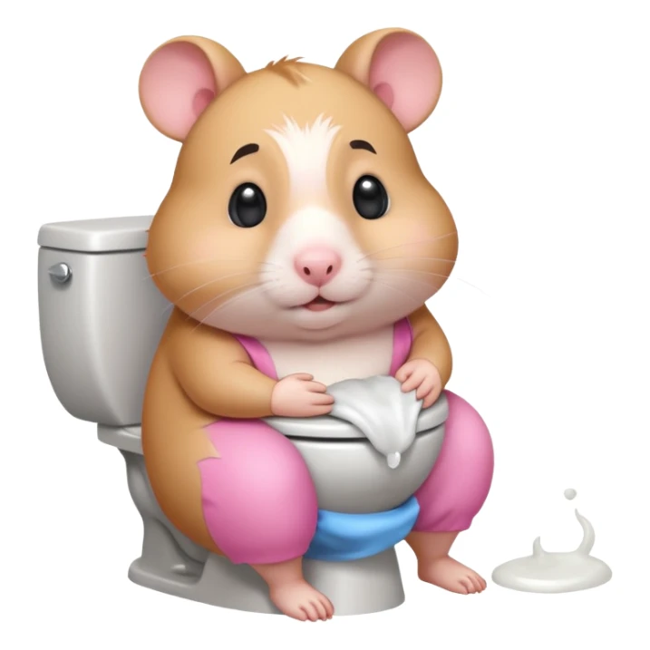 Cute chubby cartoon-style hamster sitting on toilet pooping looking as if he had an accident sticker