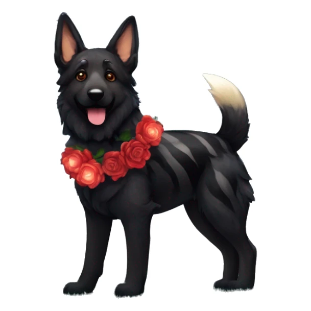 Bokeh Midnight starry night stars dark Brindled striped brindle black German shepherd fox carrying glowing red lantern, fairy lights, rose flower crown, bokeh lights, out of focus blur sticker