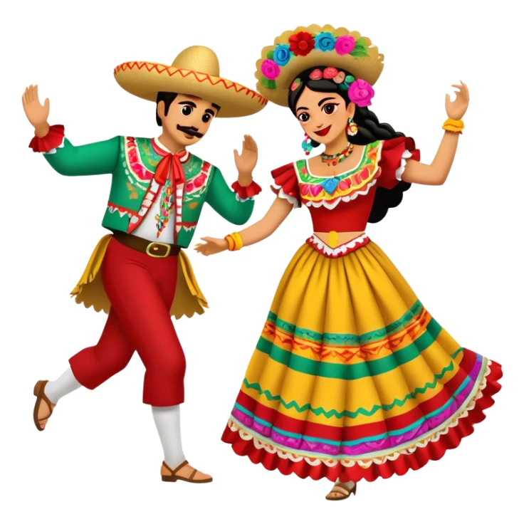 Cinematic Realistic scene of two performers dancing the Jarabe Tapatío, dressed in colorful traditional Mexican costumes with intricate embroidery, captured in energetic, festive motion with vibrant, celebratory lighting sticker