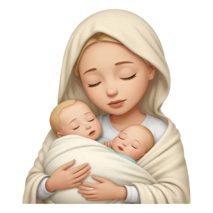 a parent cradling a sleeping baby, both faces peaceful, baby wrapped in a blanket, nurturing and warm feeling sticker