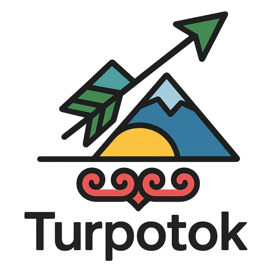 Colorful minimalist logo for Turpotok with a Kurai arrow, Ural Mountains, and Bashkir ornamentation. Text 'Turpotok' in a modern sans-serif font sticker