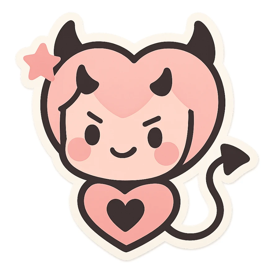 devil emoji, chibi style, pastel pink and black colors, heart-shaped face, tiny horns, cute but mischievous expression, heart motif, star accessory sticker