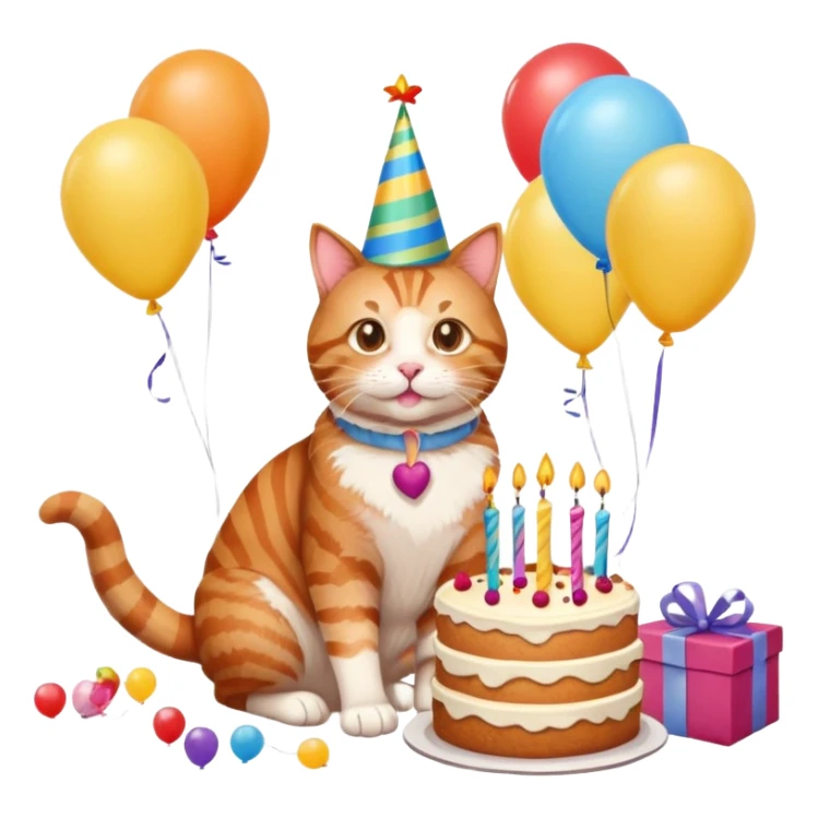 Ginger tabby cat celebrating birthday, birthday hat, birthday cake, balloons, happy, gifts sticker