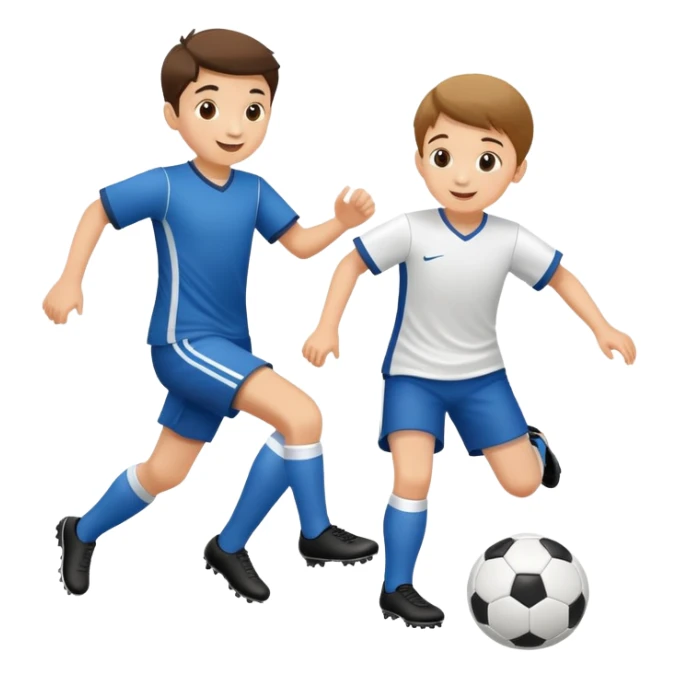 two children playing soccer, one kicking the ball, happy and playful sticker