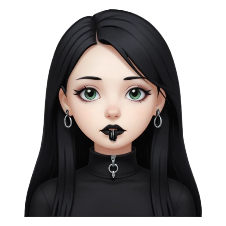 goth girl, straight long black hair, vertical labret lip piercing, black mock neck shirt sticker