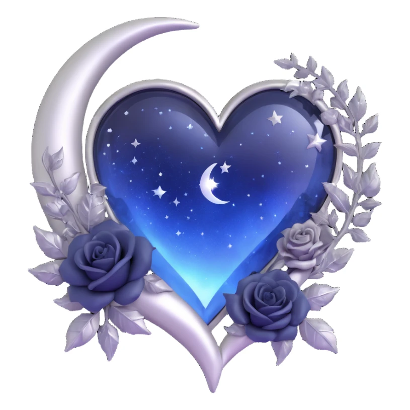 gothic heart, midnight blue glass, silver crescent moon, tiny black roses, shimmering stardust, frost and ice effect sticker