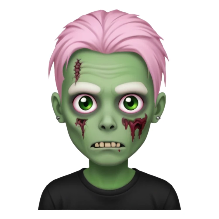Zombie boy, green skin, white dreads medium long, pink eyes, black tshirt sticker