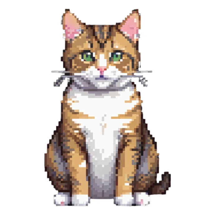 Cute tabby cat with white stomach, pixelated style, sitting to show white belly sticker