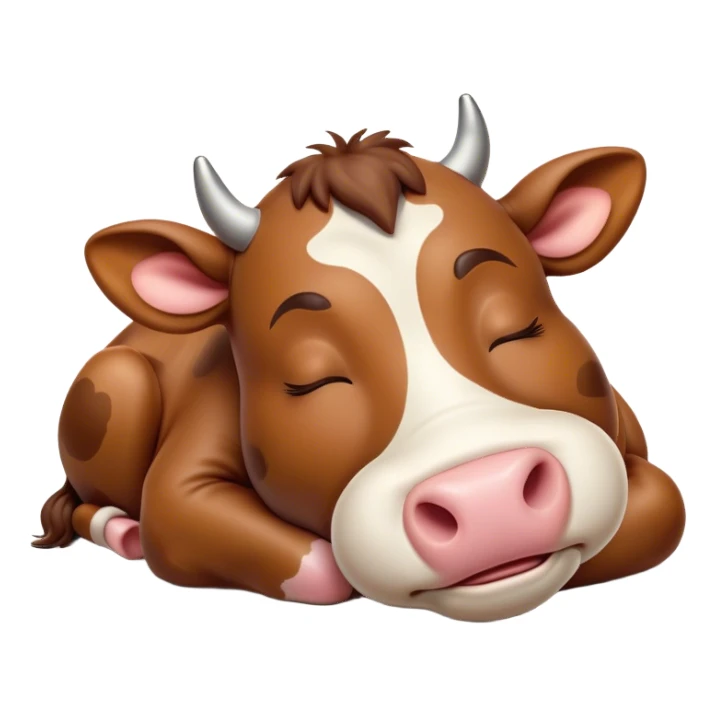 Meme-Worthy Cute Sleeping Brown Cow Portrait Emoji, Head resting peacefully with a contented smile, showcasing a robust build and a luxuriously soft deep brown hide, eyes shut in a serene, restful nap, Simplified yet hilariously adorable features, highly detailed, glowing with a soft, drowsy light, high shine, relaxed and utterly lovable, stylized with an air of playful laziness, bright and heartwarming, soft glowing outline, capturing the essence of a comically sleepy cow, so meme-worthy it feels like it could instantly become the next viral sensation of adorable slumber! sticker
