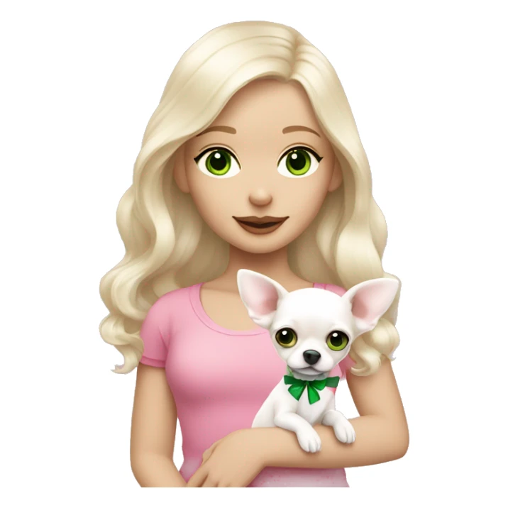 pale blond girl with wavy long platinum hair with green eyes holding a white chihuahua puppy that wearing a pink bow sticker