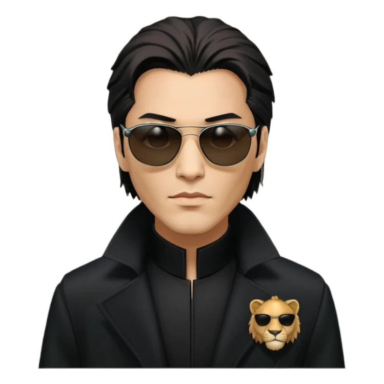 Neo from the Matrix with a lion head, wearing black sunglasses and a long black coat sticker