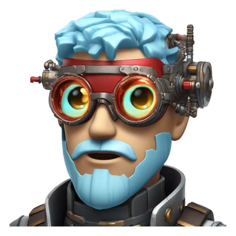  Short light blue haired male cyborg head with light blue beard, red steampunk goggles and circuits sticker