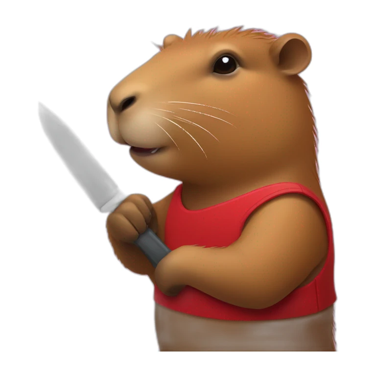 capybara holding a toy knife with red paint on it sticker