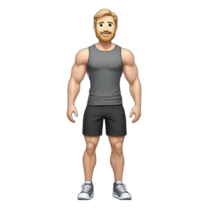 Full height Pale skinned muscular man With Realistic eyes and mouth, light brown hair and stubble In dark gray sleeveless mike, black oversize sports shorts, watch and white sneakers. sticker