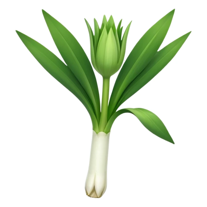 single leek, white stalk to green leaves, open, tidy, layered, fine roots, clean and moist, 3D clean style, transparent background, optimized for emoji size sticker
