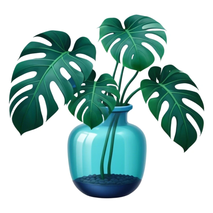 Aesthetic monstera flower in deep bottle green color in a beautiful blue pot sticker