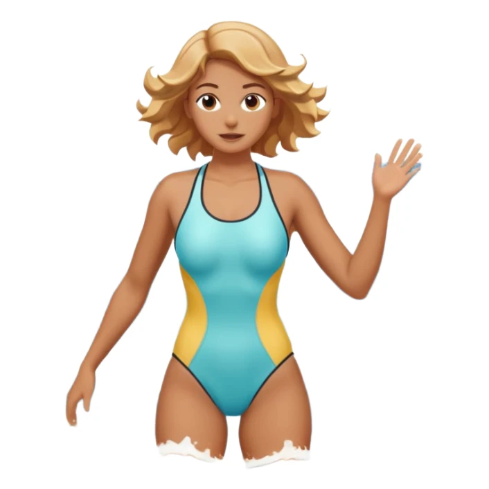 woman standing in the ocean with visible waves around her, medium shot showing upper body and surrounding water, waves clearly rising and splashing, dynamic sea motion, confident expression, 3D cartoon style, mobile game icon style, clean composition, no text, no watermark
  sticker