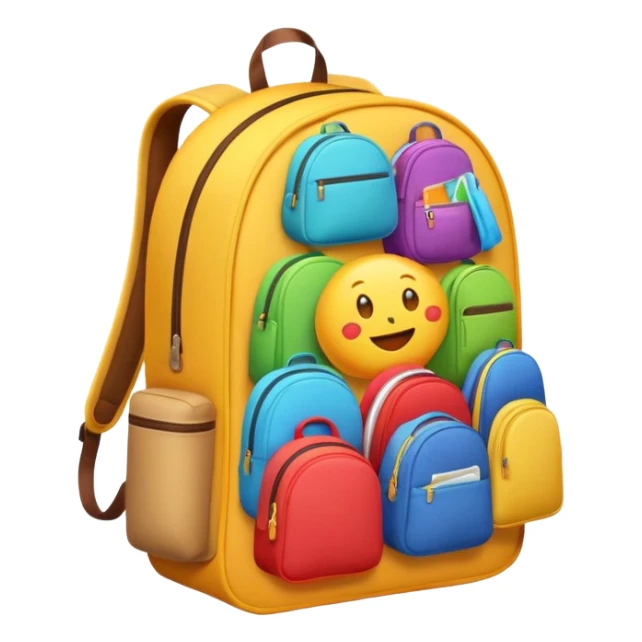 Emoji-style backpack overflowing with clothes, rounded cute shapes, soft shadows, colorful sticker