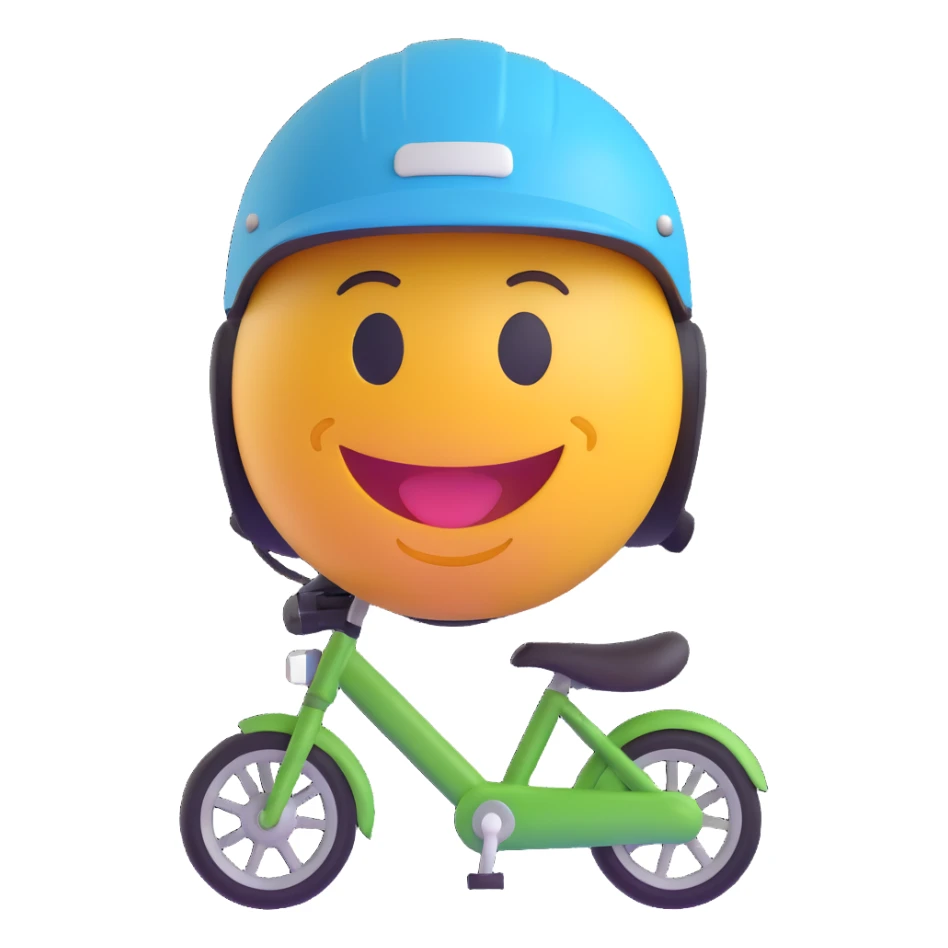 3D smiley emoji, round shape, wearing riding helmet, sporty face sticker