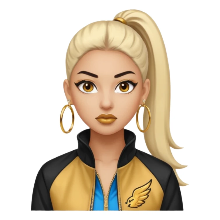 “Emoji girl, fierce confident expression, sharp winged eyeliner, bold brows, matte nude lips, long lashes, sleek high ponytail, wearing gold hoop earrings and sporty streetwear jacket.” sticker