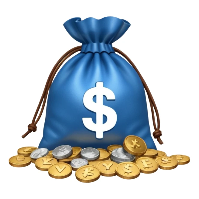 blue coins outside a brown money bag  sticker