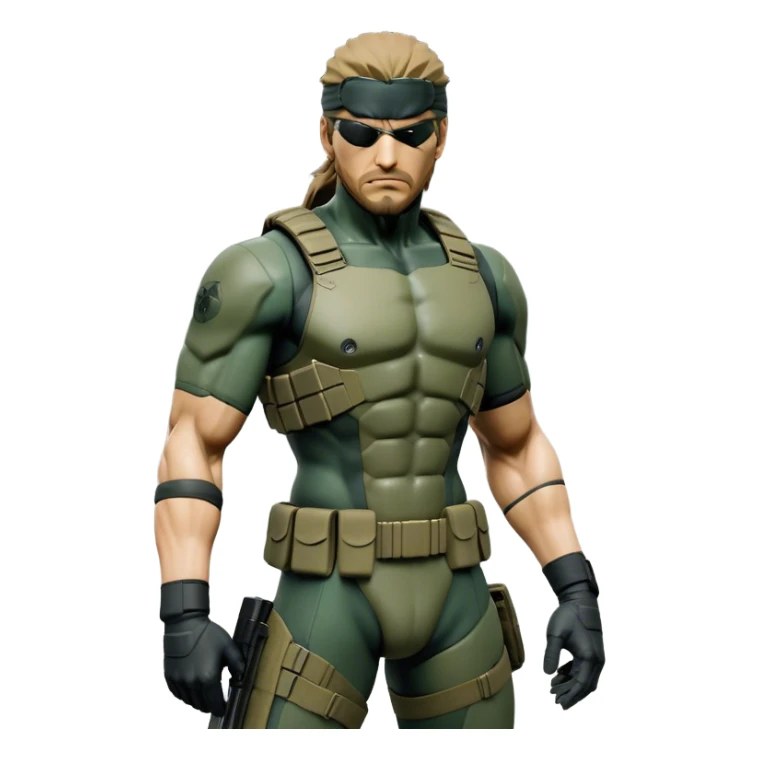 Cinematic Realistic Metal Gear Solid Snake Soldier Portrait, captured in a dynamic, battle-ready stance, muscles defined beneath intricately detailed combat gear in consistent muted greens, browns, and blacks. His determined eyes and rugged features, rendered with dramatic natural lighting and high shine, exude raw, unyielding power, epitomizing the fierce, relentless spirit of a covert operative in the midst of action. sticker