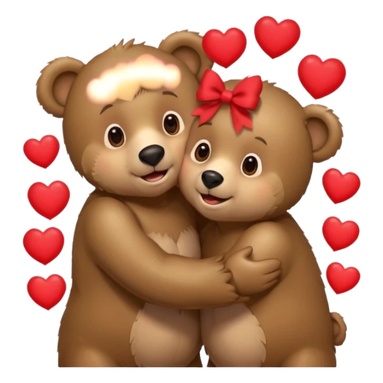 female bear with bow on her head and male bear hugging, couple, surrounded by hearts, playful and loving, cute, same height  sticker