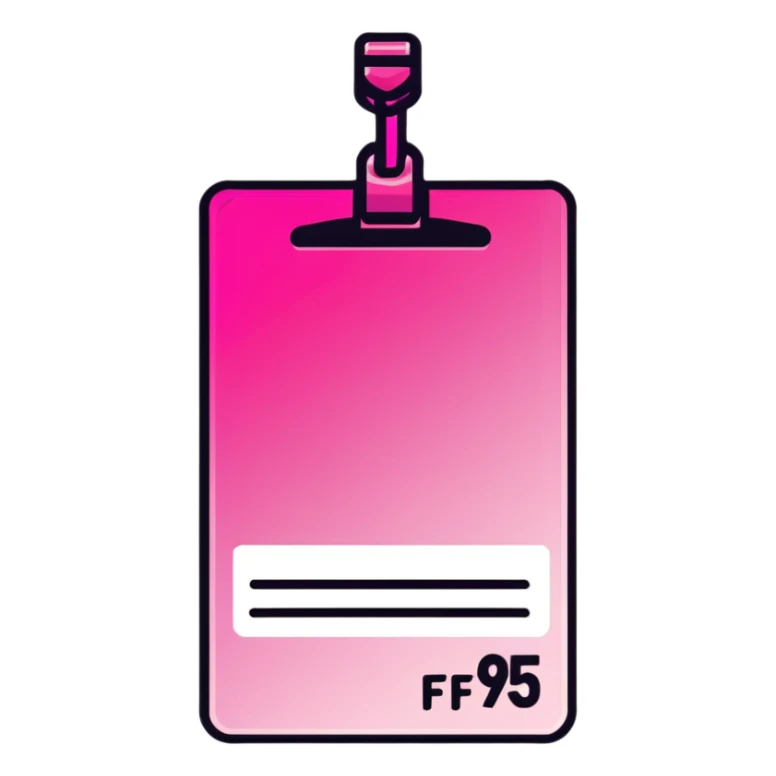 ID badge, transparent glass with bright pink gradient from #FF335F to #FF99AA, highlights and reflections, minimalistic sticker