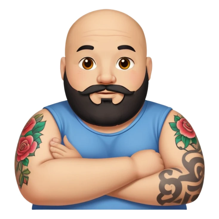 Fat Bald man with black beard saying hi with only one colorful tattoo on forearm  sticker