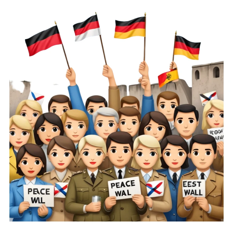 people holding protest signs, Berlin Wall in the background, peace dove, East and West Germany flags, 1950s and 60s sticker
