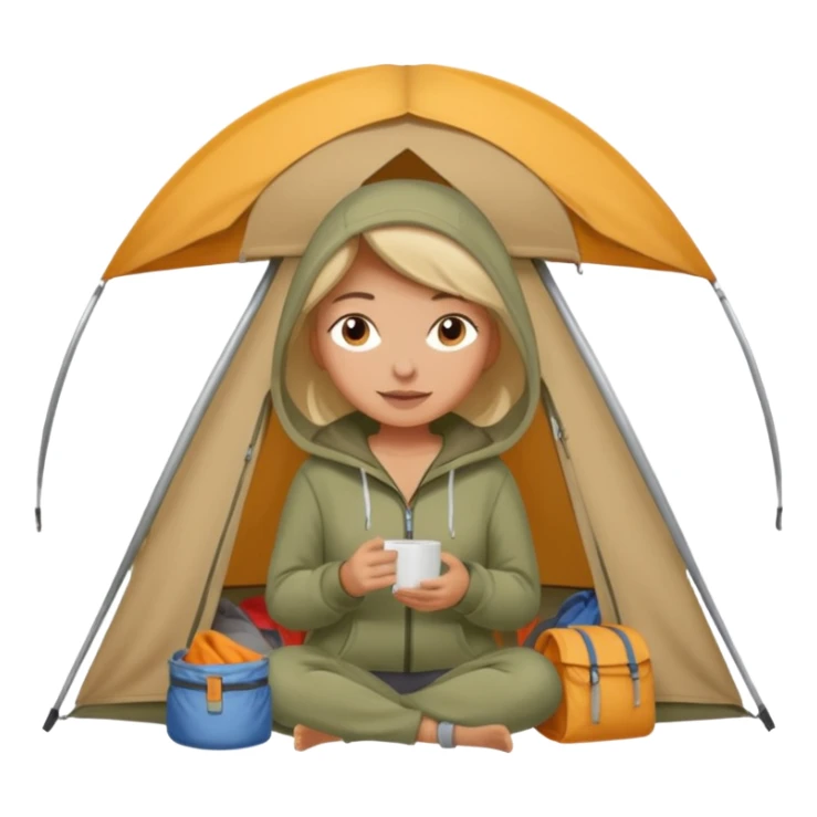 A woman in a cozy hoodie arranging items inside her tent. sticker