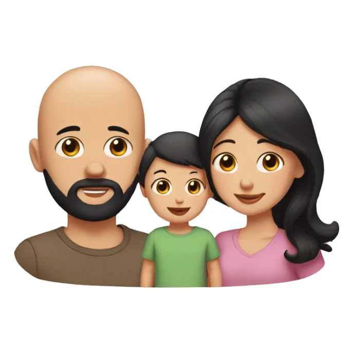 bald tan dad with black beard, pale mom with long straight black hair, and small baby with black hair sticker