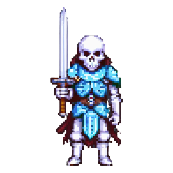 pixel art skeleton warrior wielding a sword, classic RPG look sticker