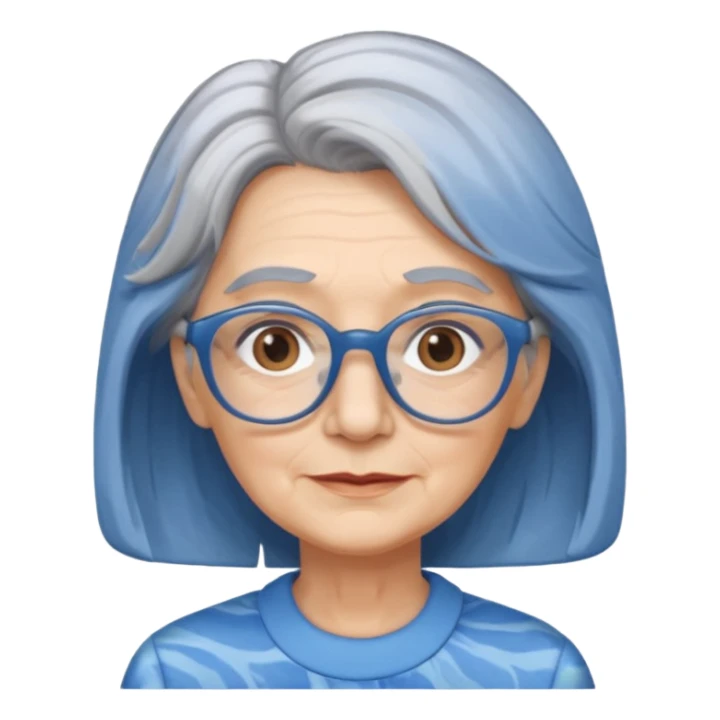 Older woman, shoulder length gray hair marbled blue rectangular glasses  sticker