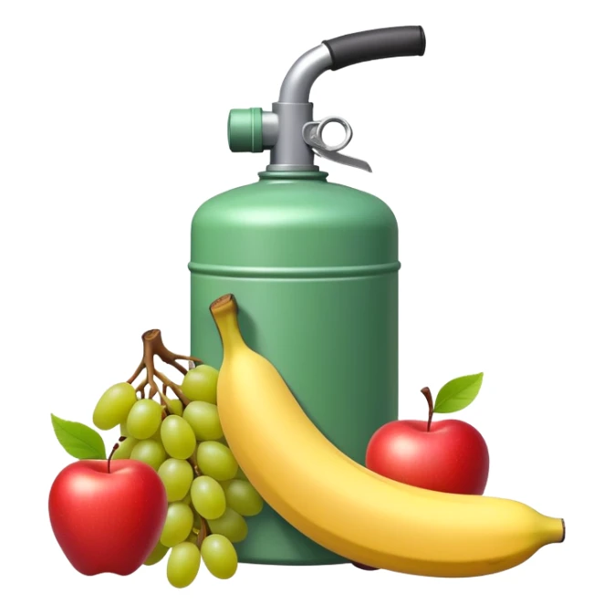gasoline canister surrounded by a banana, an apple, and grapes, fuel can with fruits arranged around it sticker