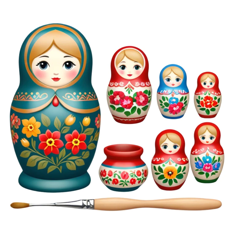 Russian nesting dolls (matryoshka) painting icon, several dolls of different sizes being hand-painted with traditional floral patterns, paintbrushes, small pots of paint, and carving tools nearby, visible process of decoration, minimalistic style, clean lines, transparent background. sticker
