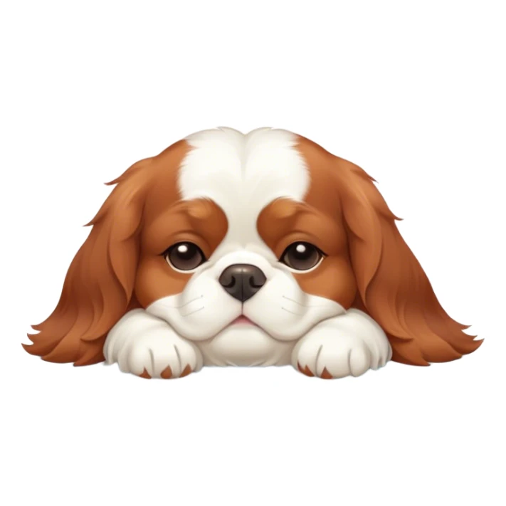 Cinematic Chubby Sleeping Cavalier King Charles Spaniel Portrait Emoji, Chubby and serene, with a round, endearing build and a plush, silky coat of rich chestnut and white, eyes gently closed in peaceful slumber, Simplified yet irresistibly endearing features, highly detailed, glowing with a gentle, dreamy glow, high shine, relaxed and content, stylized with a touch of whimsy, bright and heartwarming, soft glowing outline, capturing the essence of a blissfully sleepy companion, so comically serene it feels like it could roll out of the screen and snore with adorable charm! sticker