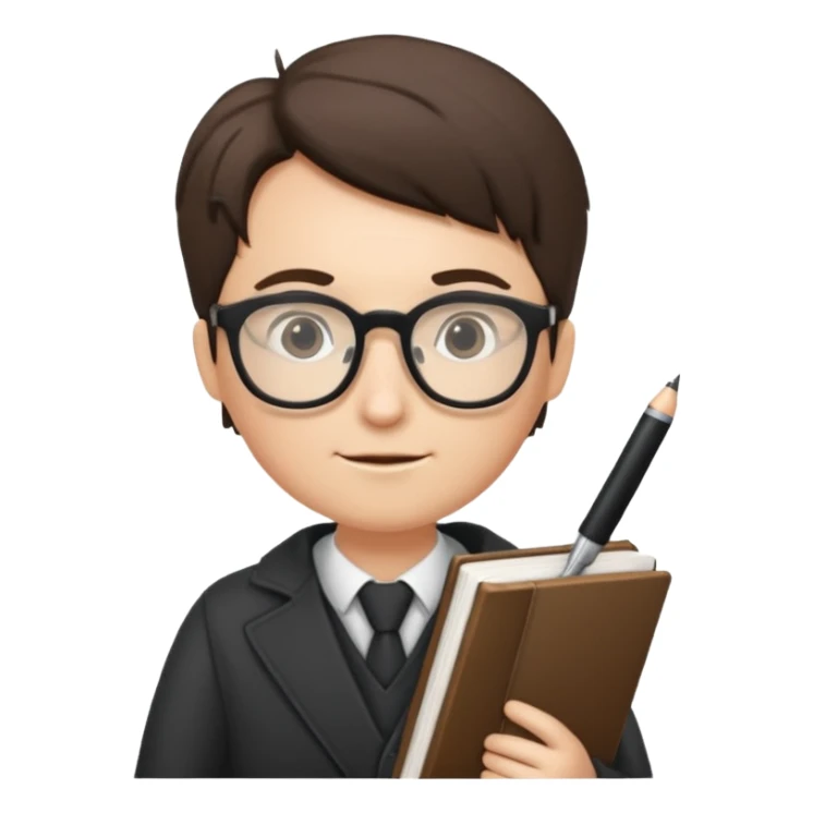 writer holding big pen and book, wearing glasses sticker
