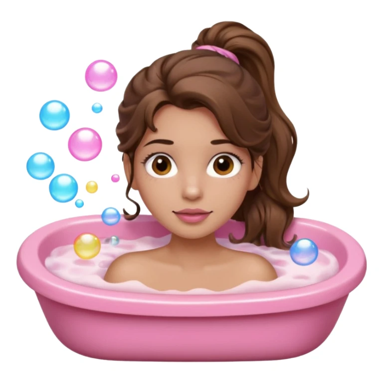 girl with wavy long ponytail brown hair, brown eyes, light to medium complexion, long lashes, light pink lipstick, wearing light pink shirt, laying in a bathtub with bubbles sticker