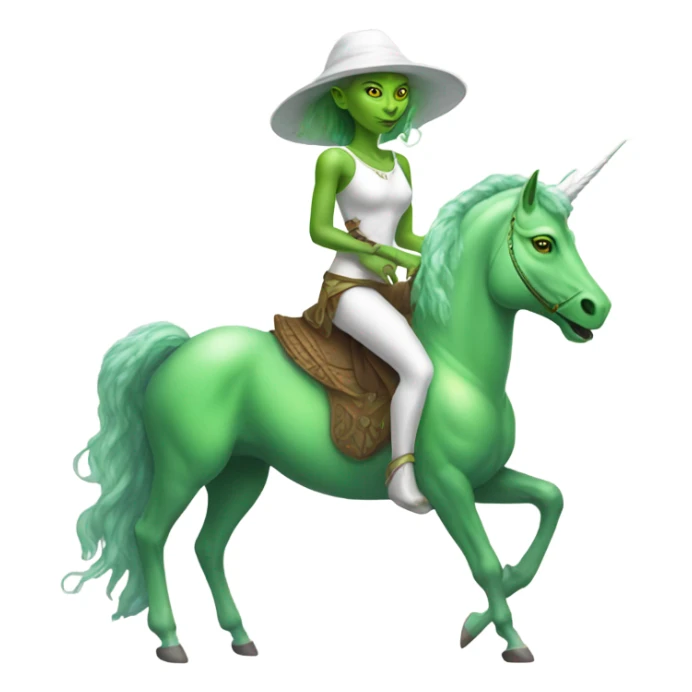a green amazon alien woman on a white unicorn no woke sticker