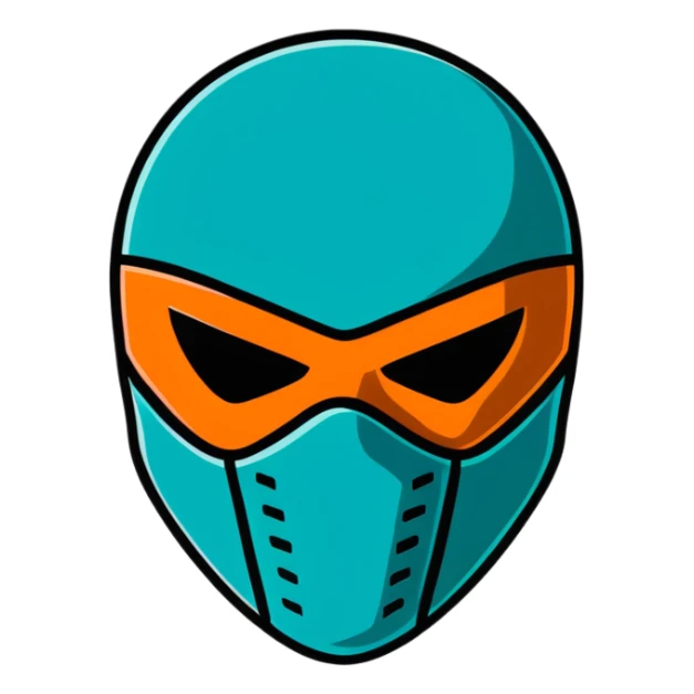 teal and orange ski mask with menacing face sticker