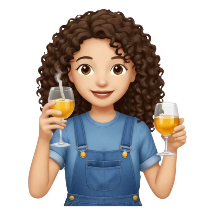 Curly haired curl with long dark brown hair and light skin in overalls toasting with alcohol  sticker