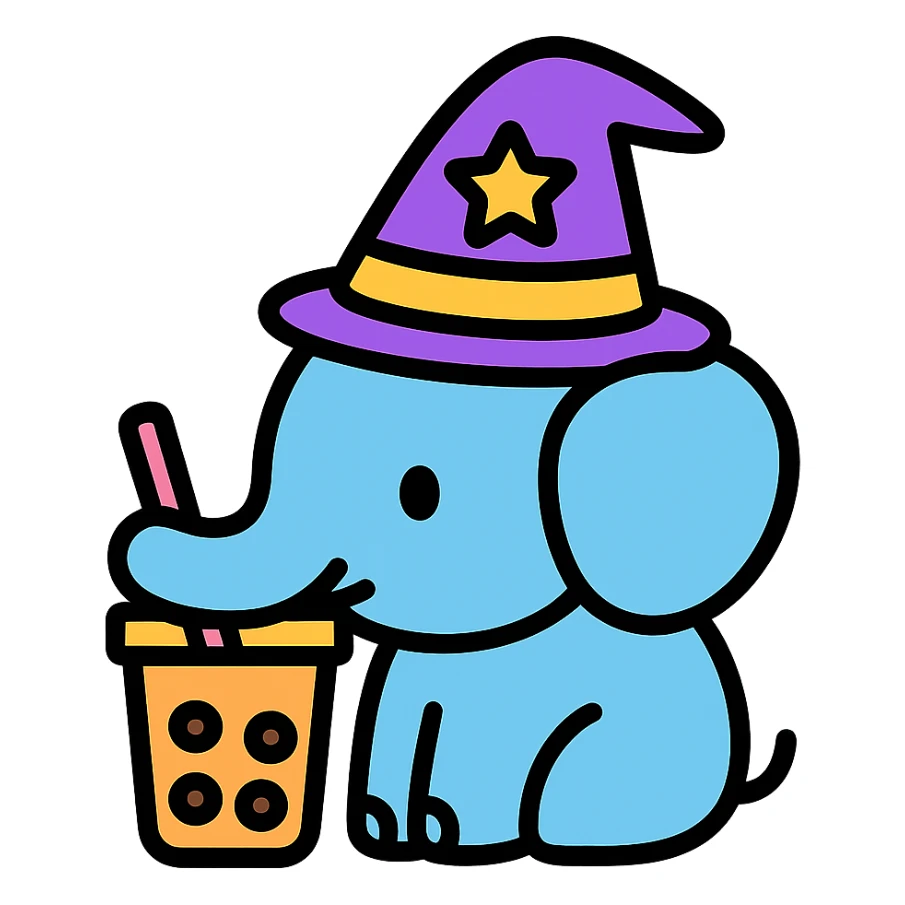 elephant with wizard hat and bubble tea, colorful outlines, modern icon style sticker