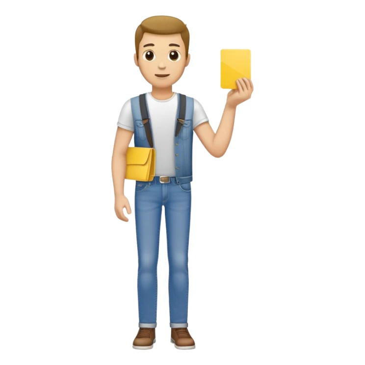 man in jeans holding a yellow card in one hand sticker