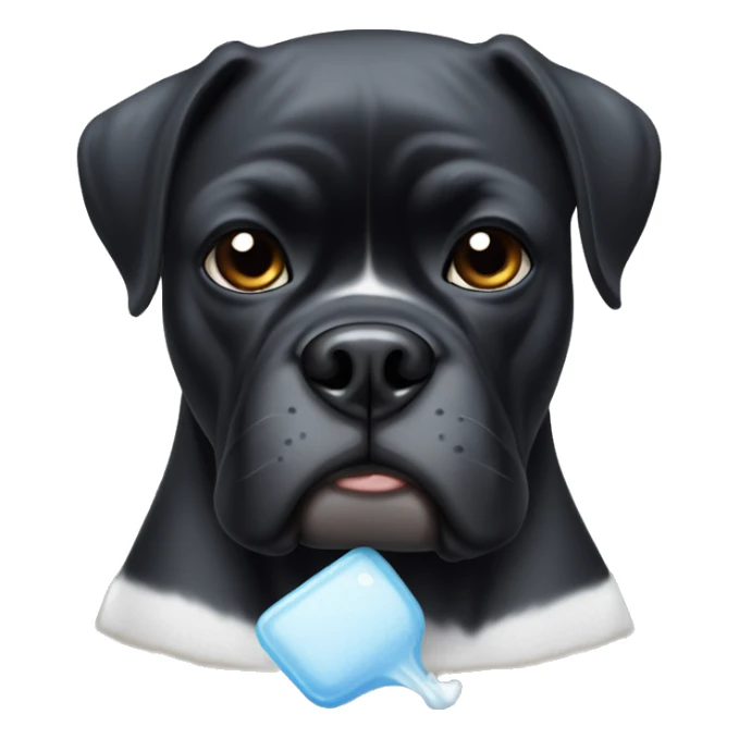 black boxer dog with some white on face making sad eyes with an ice pack on her head and thermometer in her mouth sticker