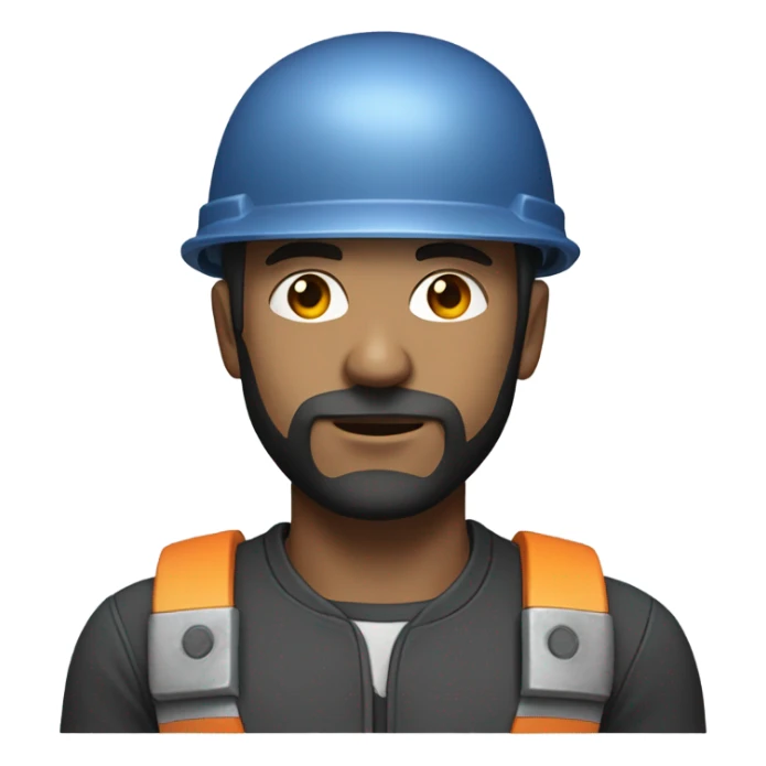 half cyborg face half human with short straight, dark hair, hardhat, and a neatly trimmed beard sticker