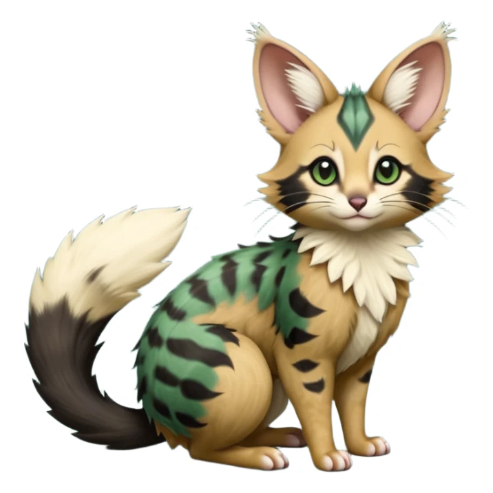 Dark-Green, black-pointed, soft natural realistic romantic vintage antique divine beautiful elegant pretty precious cute young youthful  Fakémon-Pokémon-opossum-feline-serval-caracal-chinchilla-Minccino-Cinccino-Meowstic-rodent-hybrid-creature with a big fluffy bushy tail (full body) sticker